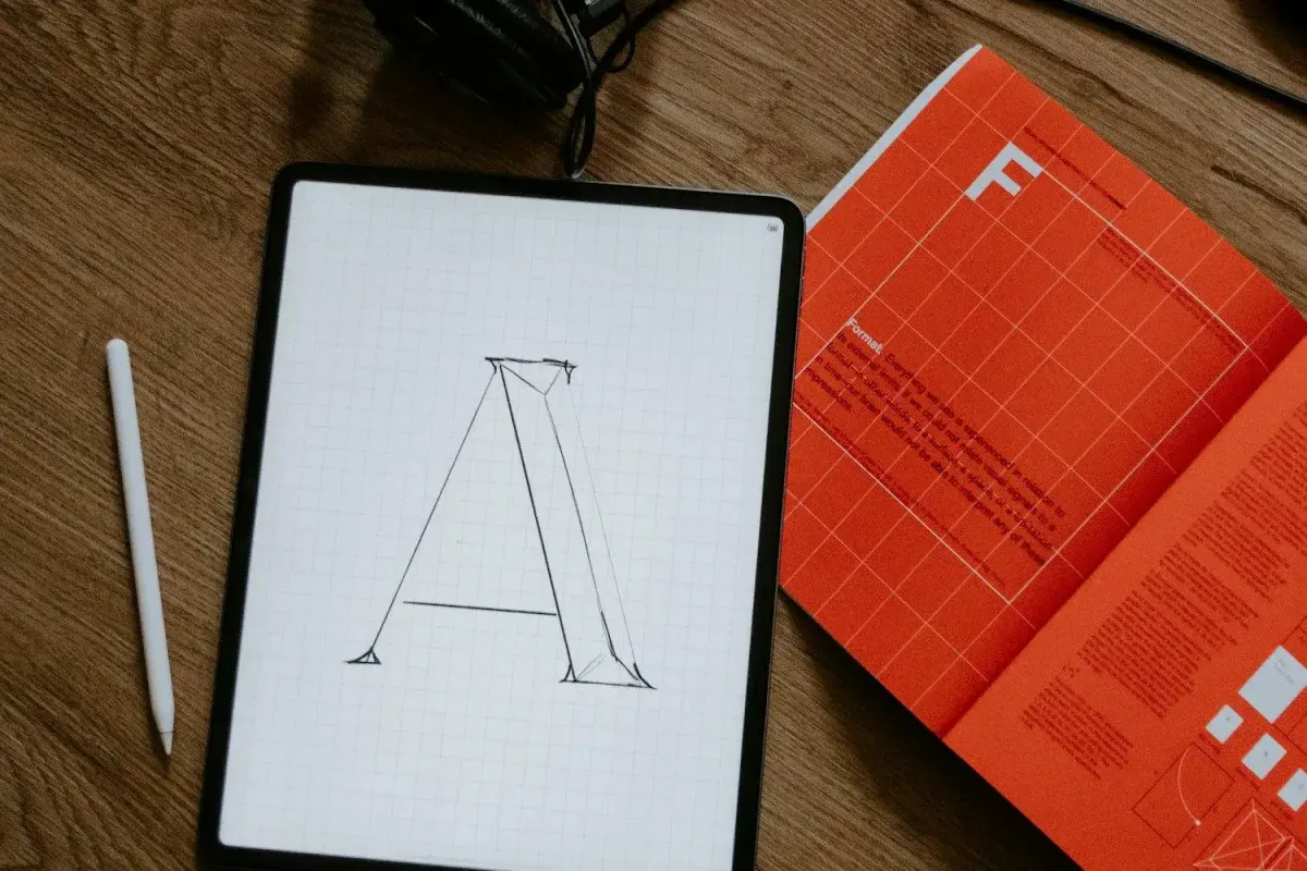 A hand-drawn letterform beside a type specimen